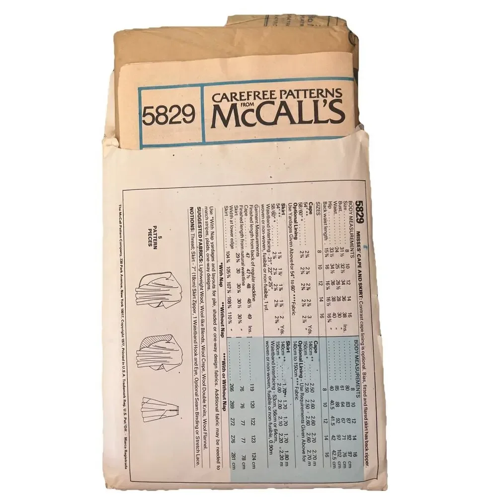 Vintage 1977 McCalls Pattern #5829 Halston Poncho Cape Skirt Sie 12 UNCUT